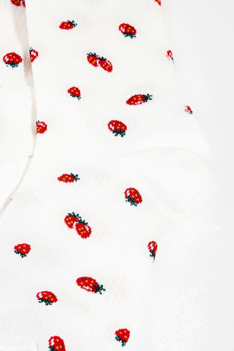 White Strawberry Print Socks