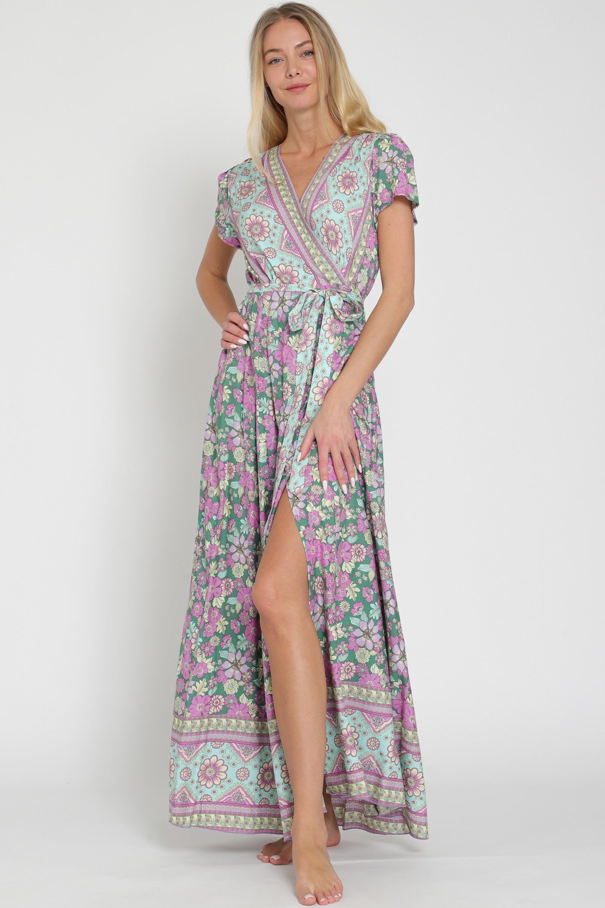 Free Spirit Printed Wrap Maxi Dress