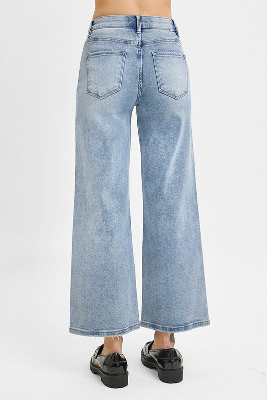 Elastic High Rise Wide Crop Jeans
