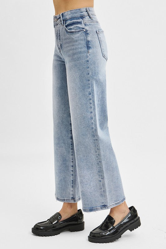 Elastic High Rise Wide Crop Jeans