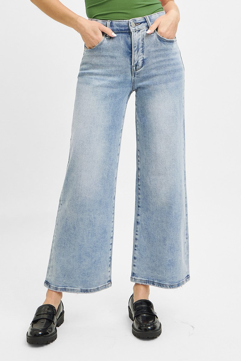 Elastic High Rise Wide Crop Jeans
