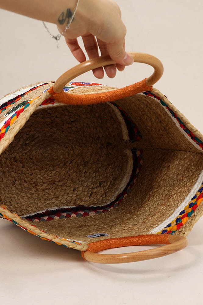 Love Wooden Handle Jute Handbag