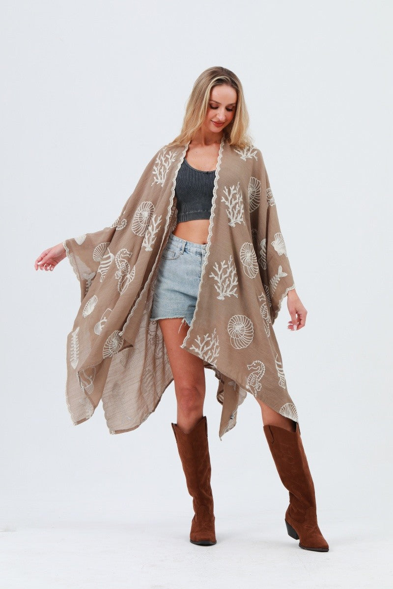 Seahorse Coral Embroidery Kimono