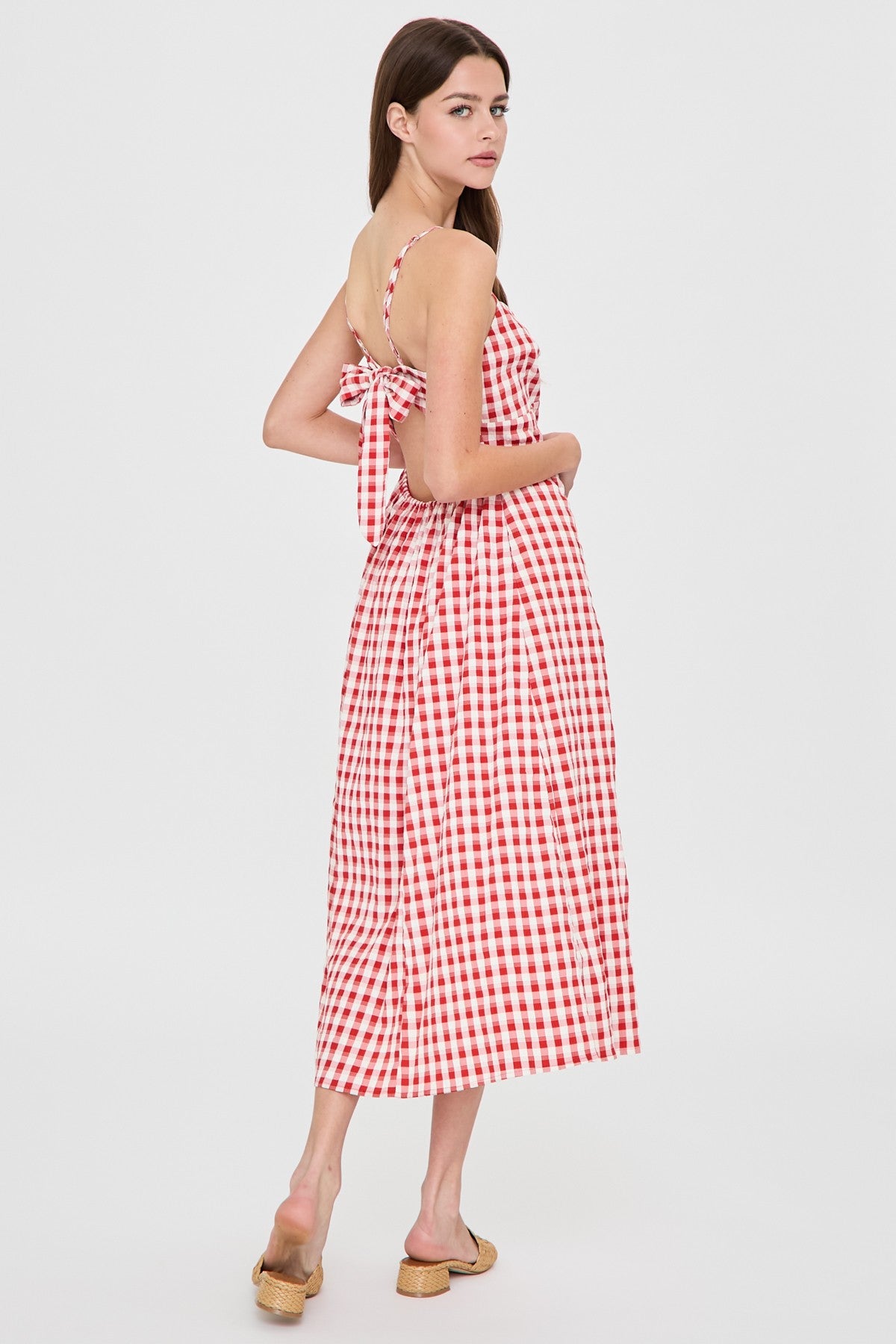 Summer Gingham Tie Back Cutout Midi Dress