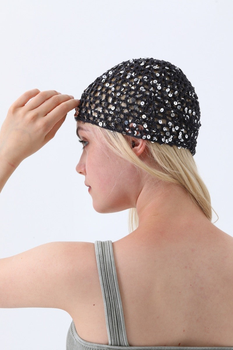 The night is Yours Sequin Crochet Mesh Beanie