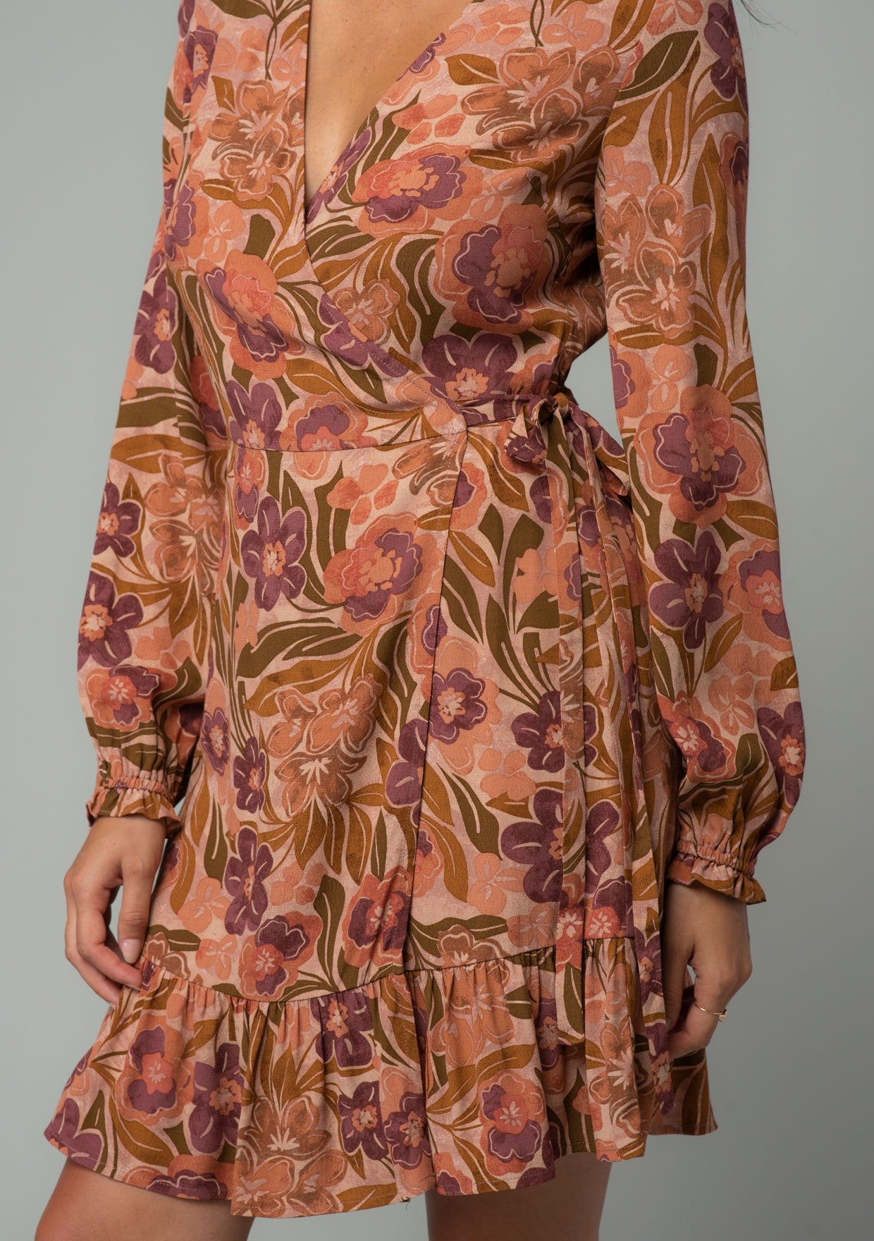 Retro Floral Long Sleeve Mini Wrap Dress