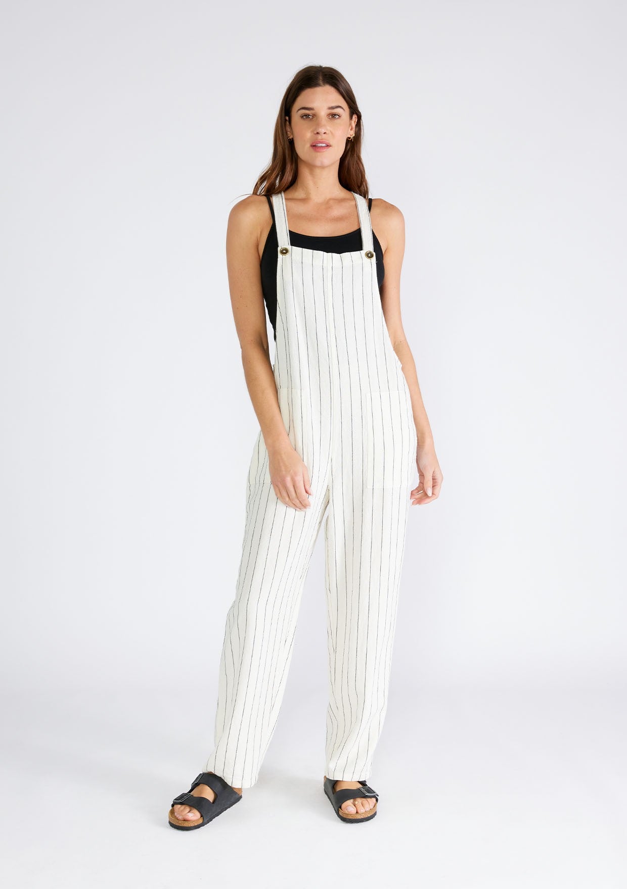 Yarn Dye Striped Button Strap Overall