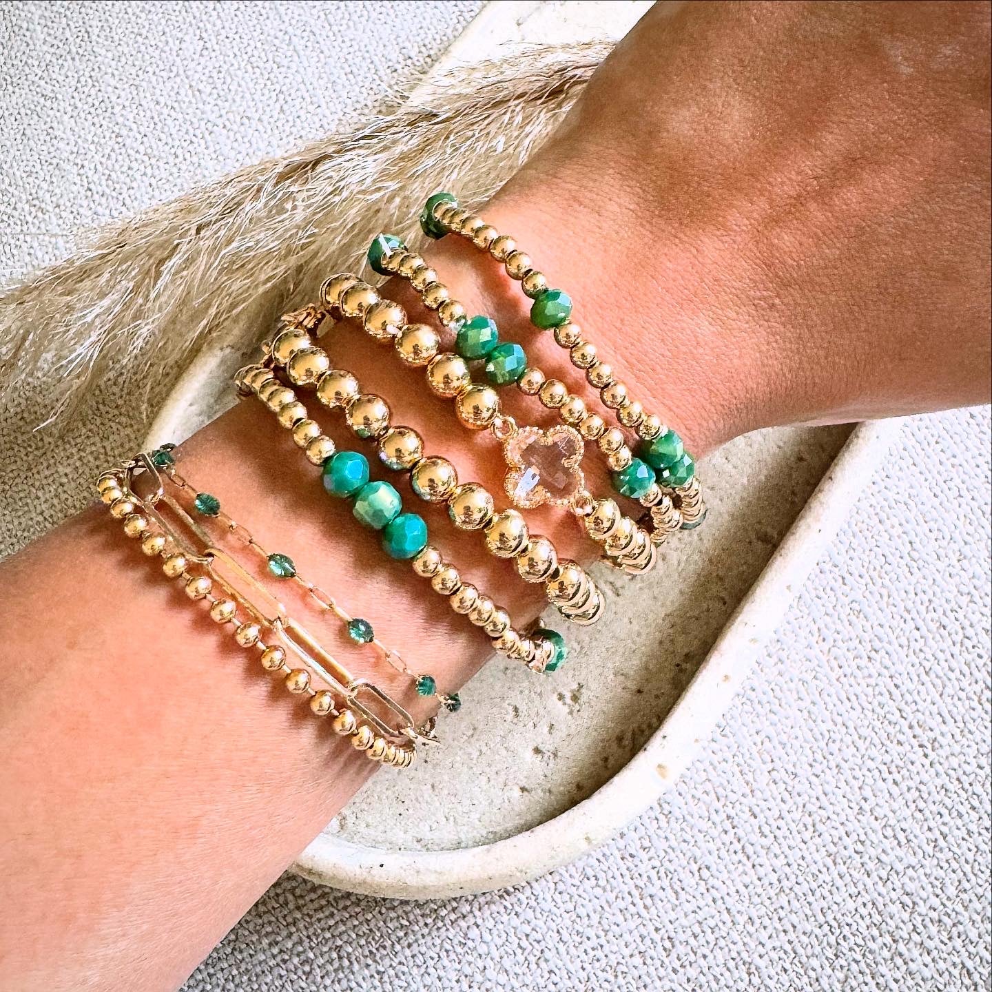 Emerald and Clover Beaded Bracelet Set