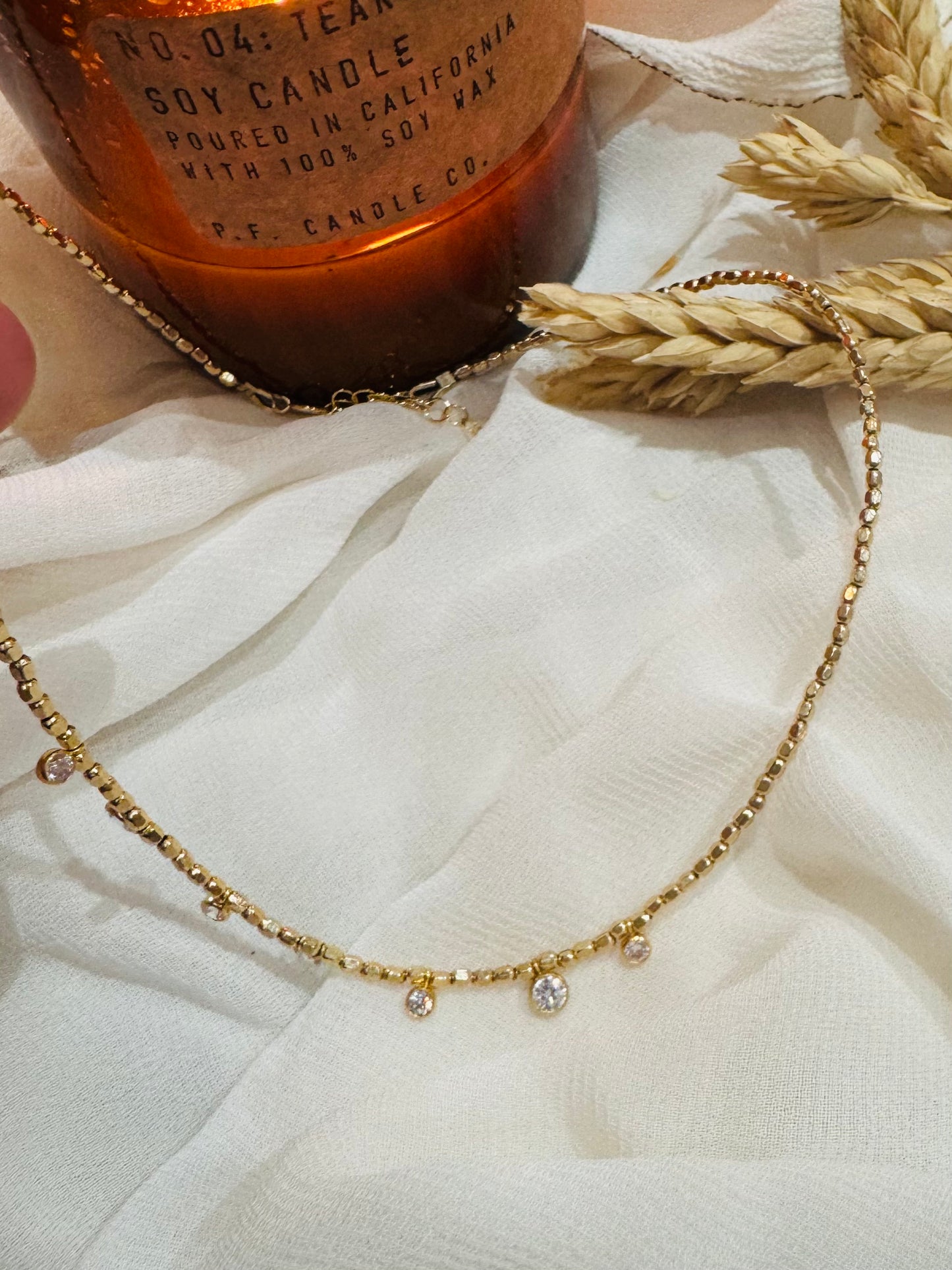 Gold Beaded CZ Necklace