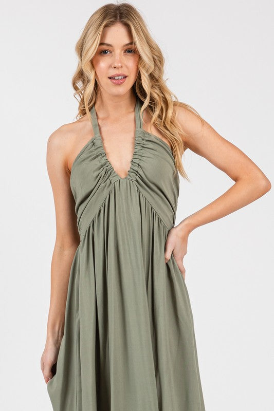 Olive Oasis Halter Maxi Dress