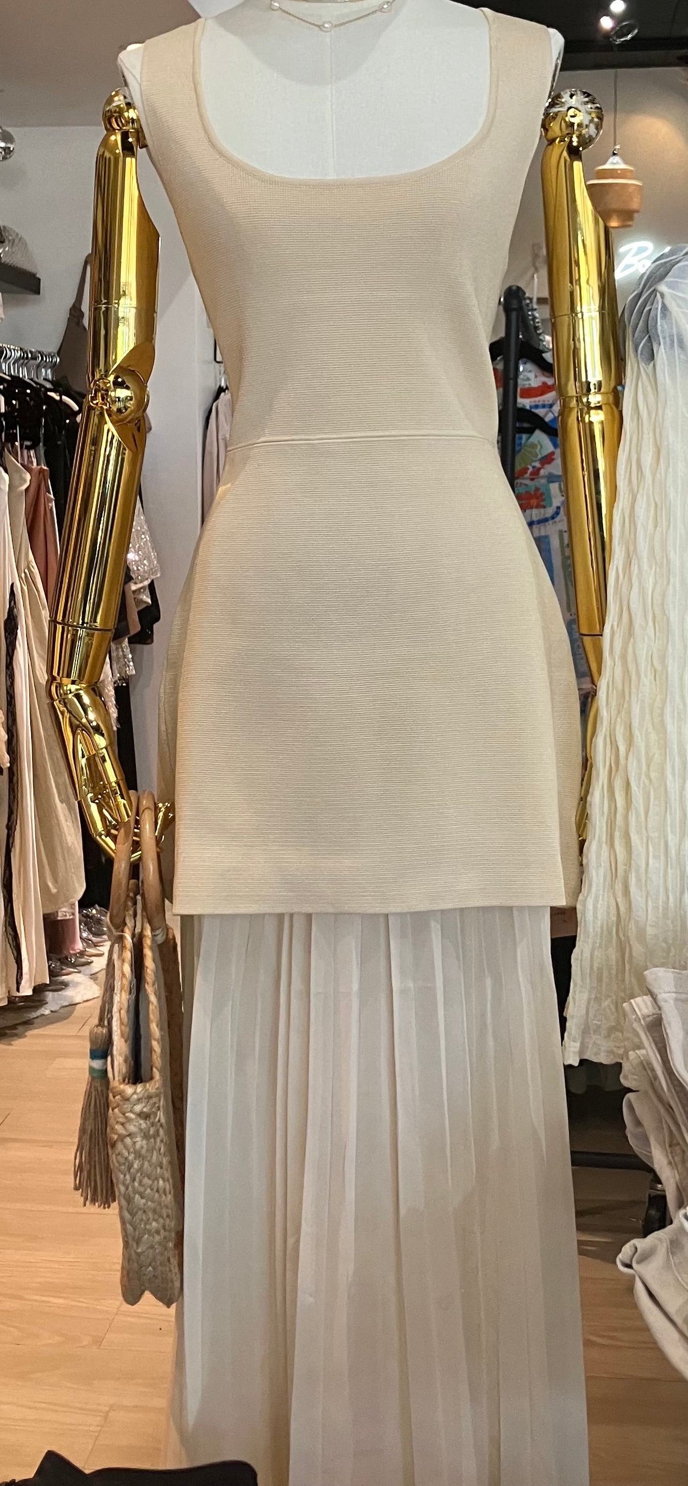Tan Sweater Tank Dress with Pleated Skirt Set