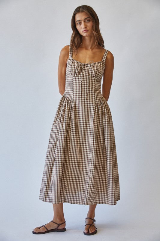 Brown Sugar Gingham Tie Front Midi Dress Small