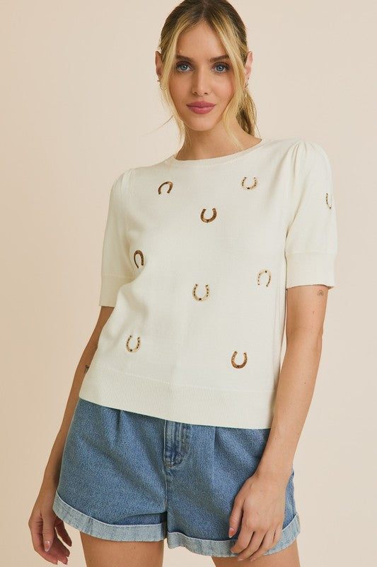 Western Puff Sleeve Embroidered Knit Top