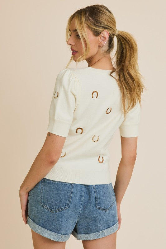 Western Puff Sleeve Embroidered Knit Top