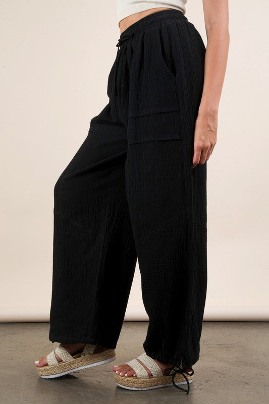 Wide Leg Gauze Solid Pants Black