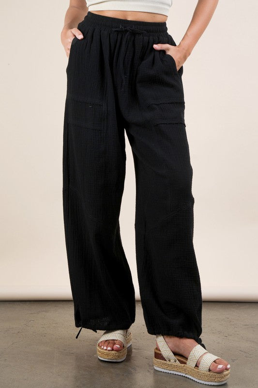 Wide Leg Gauze Solid Pants Black