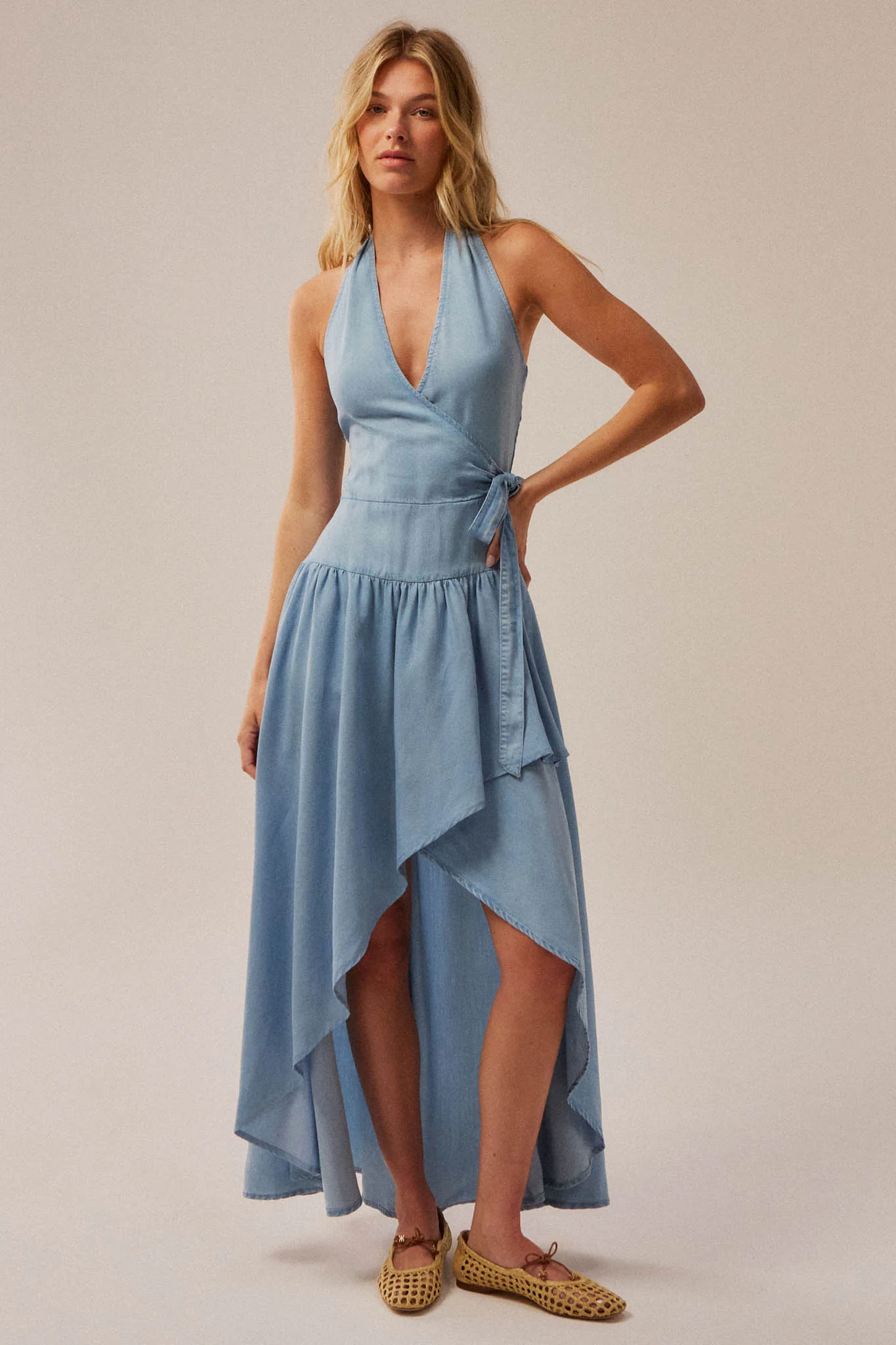 Breeze Denim Halter Wrap Maxi Dress Bohemian Coco Breeze Denim Halter Wrap Maxi Dress Bohemian Coco