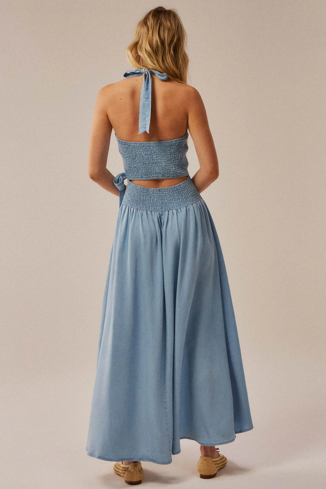 Breeze Denim Halter Wrap Maxi Dress