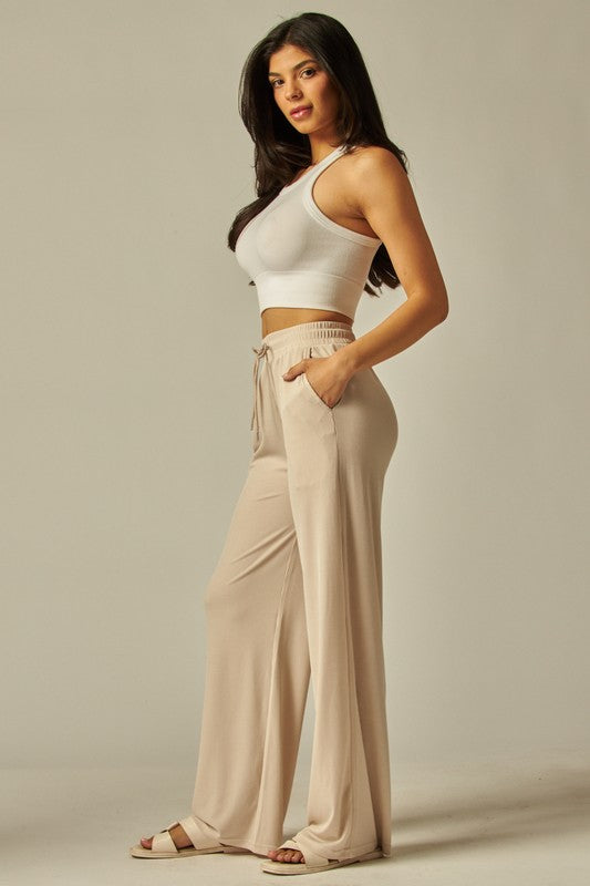 Tan Ribbed Wide Leg Pants