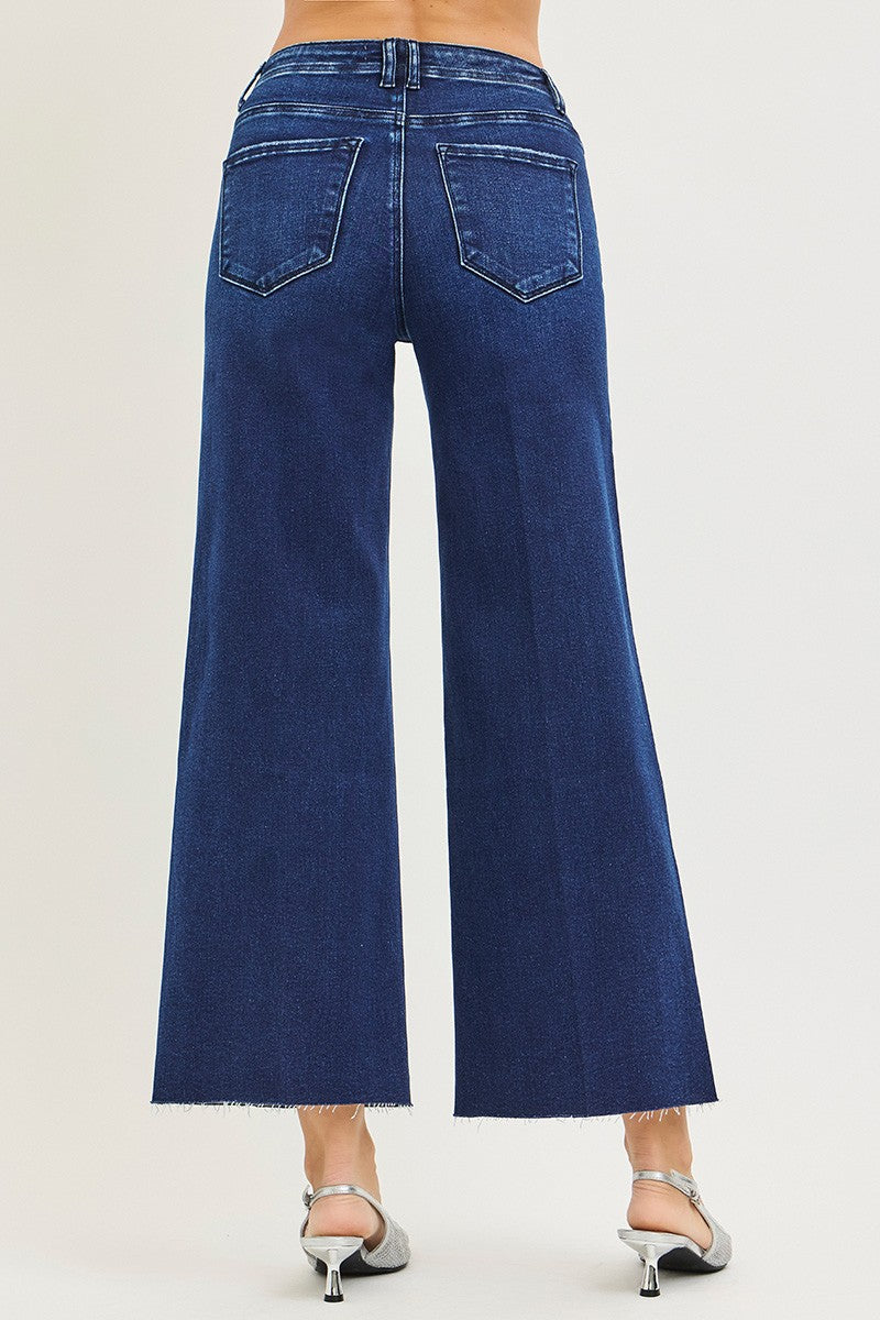 High Rise Ankle Wide Jeans With Crease Line Detail