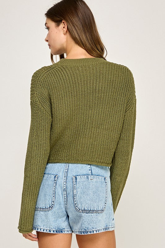 Olive Green Waffle Knit Cropped Sweater