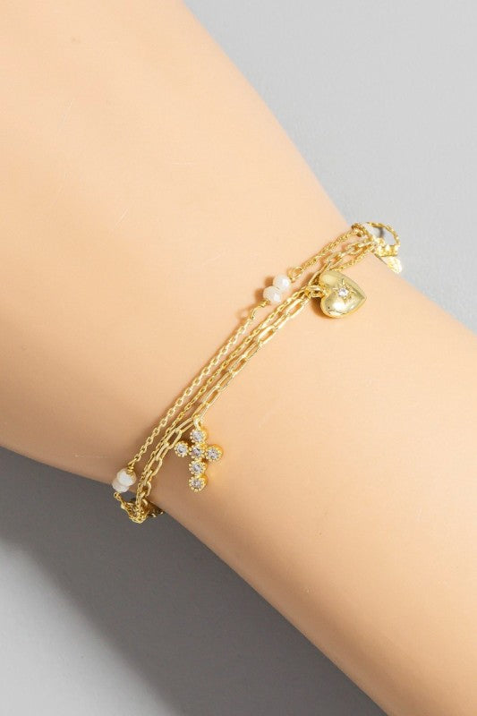 Gold Dipped Cross Heart Chain Bracelet