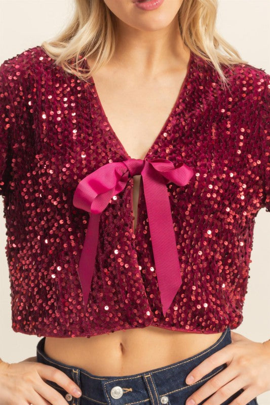 Noel Sequin Tie Crop Top