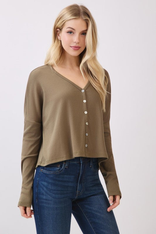 Olive Flow Ribbed Button Up Cardigan