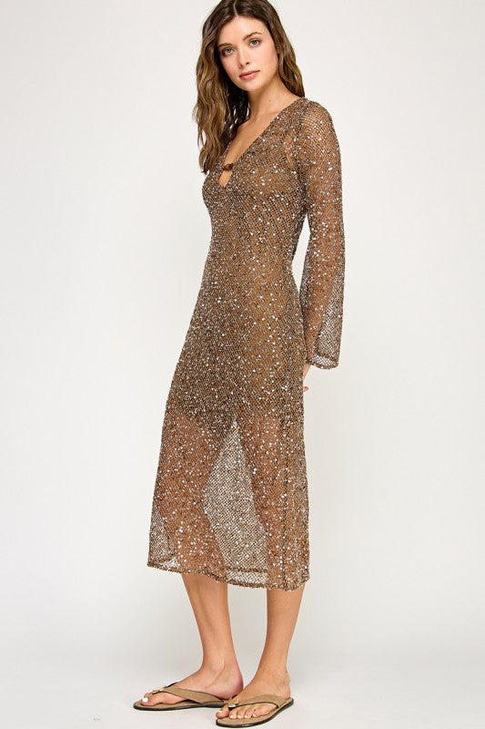 Sequin Brown V-Cut Midi Dress