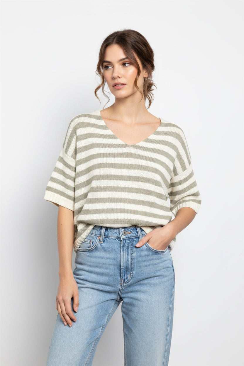 Striped Gray Stripes V-neck Knit Top