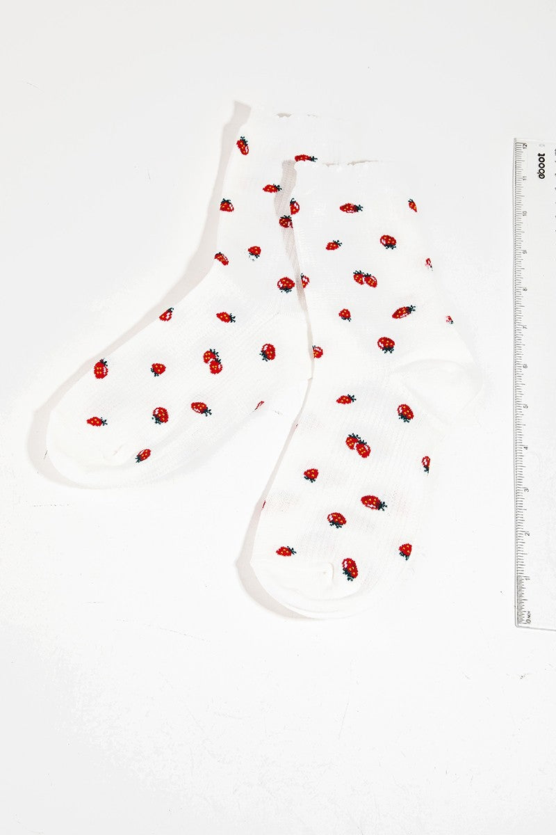 White Strawberry Print Socks