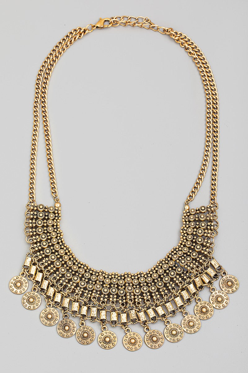 Antique Chain Disc Bib Statement Necklace