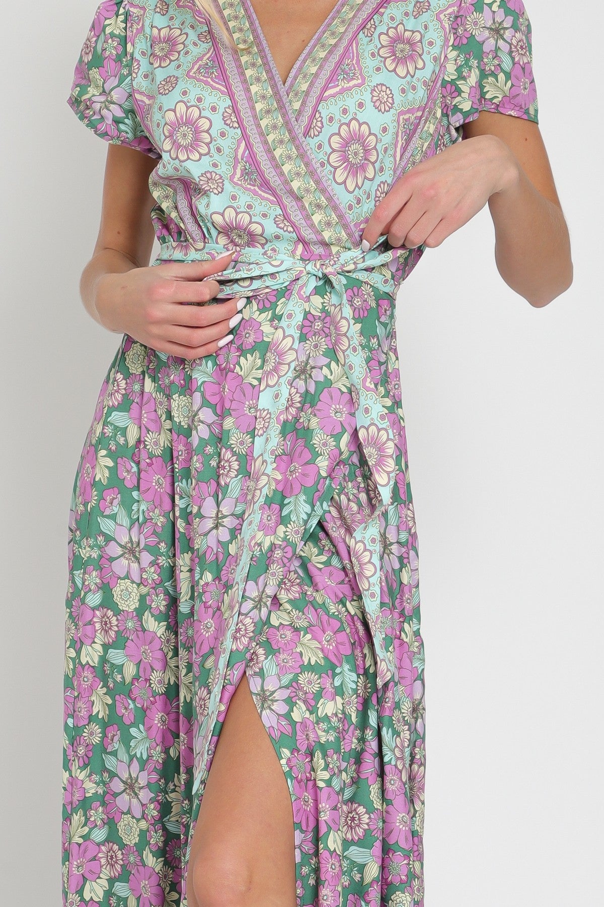 Free Spirit Printed Wrap Maxi Dress