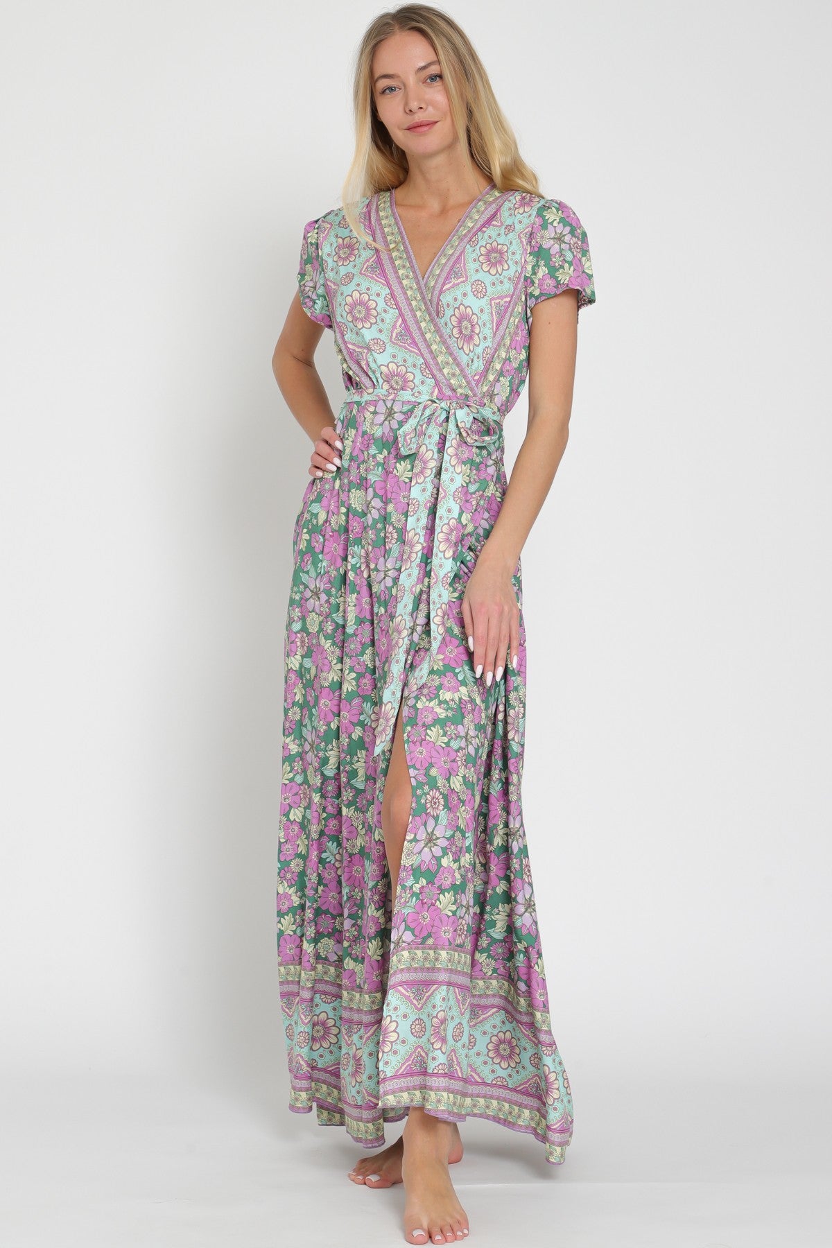 Free Spirit Printed Wrap Maxi Dress