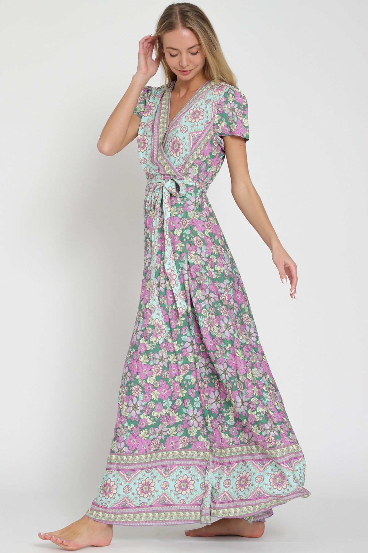 Free Spirit Printed Wrap Maxi Dress