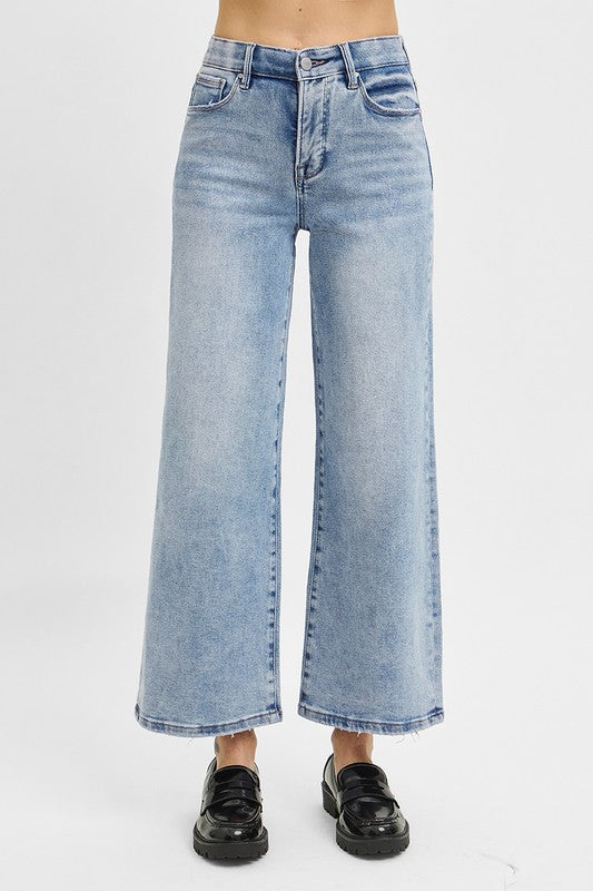 Elastic High Rise Wide Crop Jeans