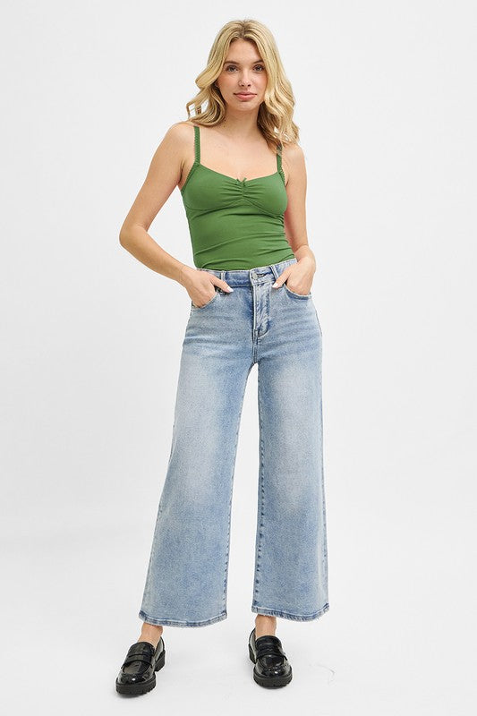 Elastic High Rise Wide Crop Jeans