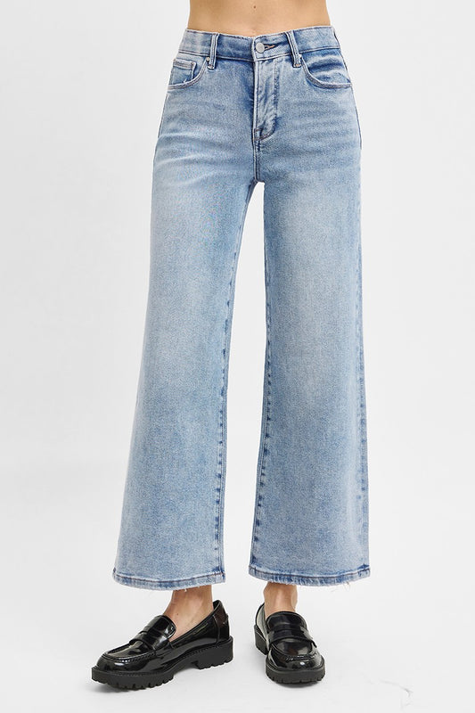 Elastic High Rise Wide Crop Jeans