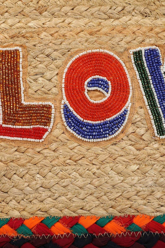 Love Wooden Handle Jute Handbag