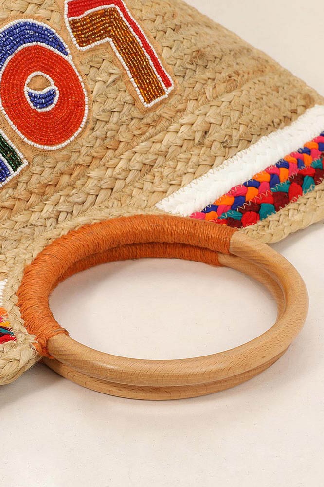 Love Wooden Handle Jute Handbag