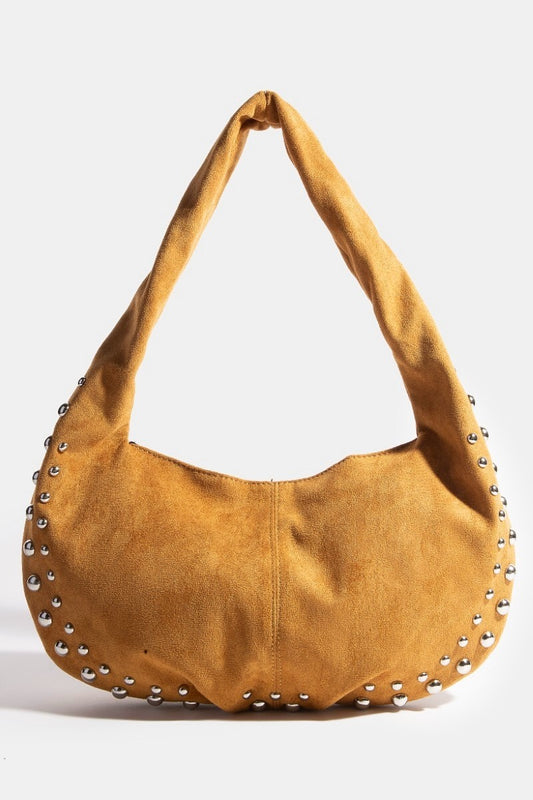 Metallic Studded Faux Suede Hand Bag