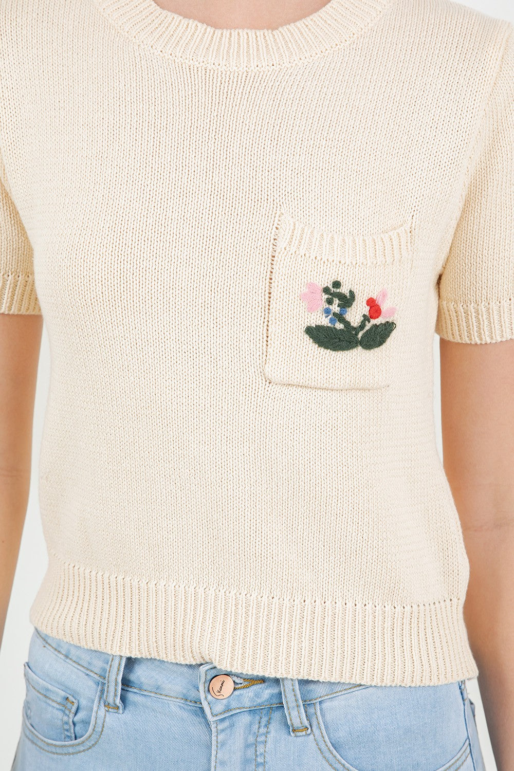Short Sleeved Embroidered Flower Top