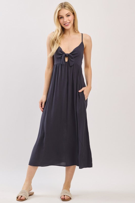 Front-Tie Smocked Midi Dress