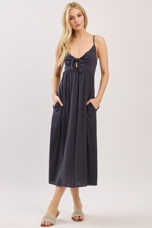 Front-Tie Smocked Midi Dress