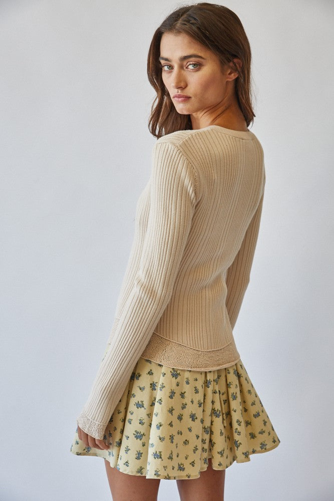 Lace Hem Rib Knit Cardigan
