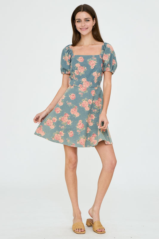Bohemian Rose Mini Denim Dress