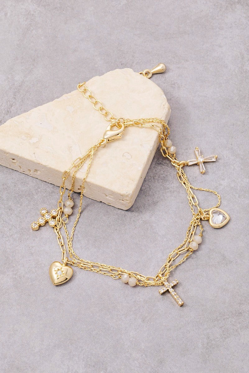 Gold Dipped Cross Heart Chain Bracelet