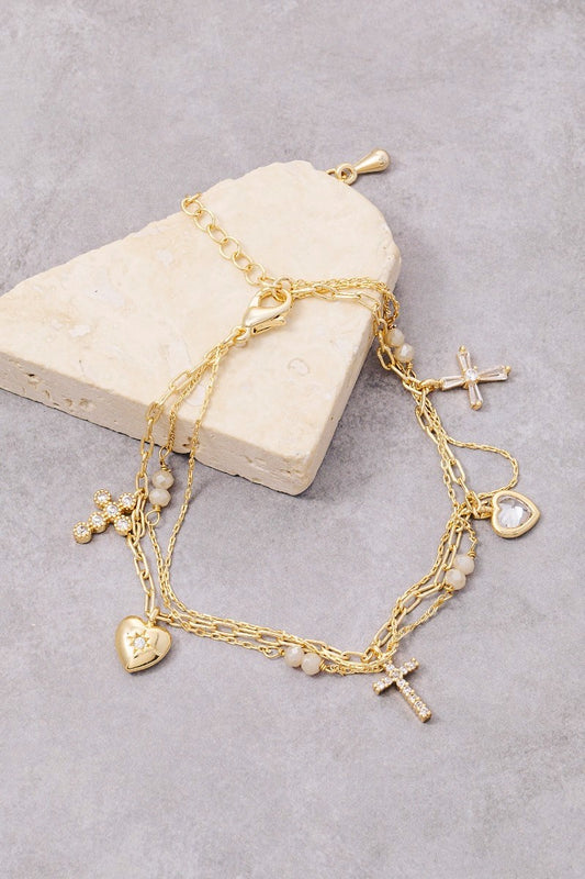 Gold Dipped Cross Heart Chain Bracelet