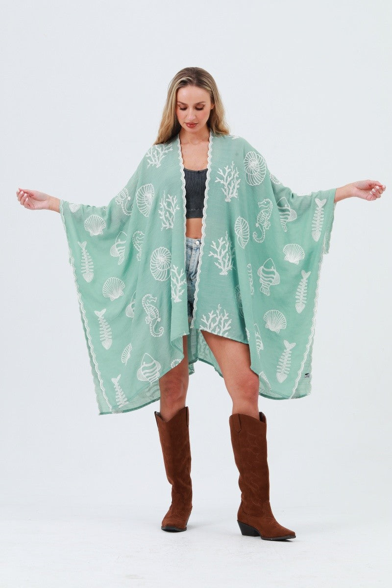 Seahorse Coral Embroidery Kimono