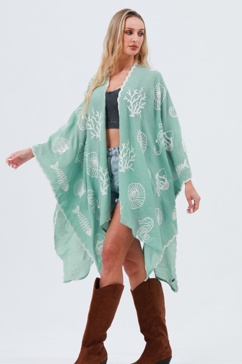 Seahorse Coral Embroidery Kimono